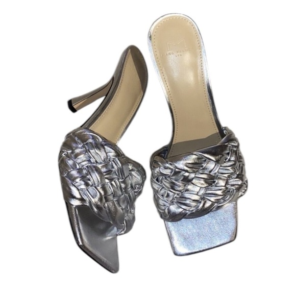 Marc Fisher Heels Womens Size 9 Leather Draya Braided Square Toe Sandal Silver - Picture 1 of 12